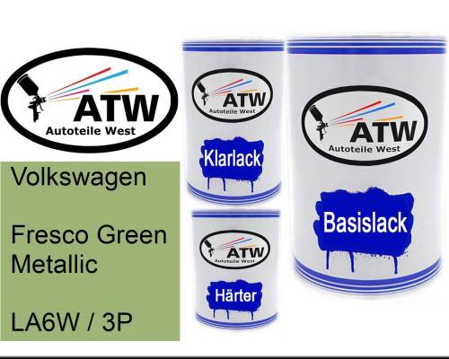 Volkswagen, Fresco Green Metallic, LA6W / 3P: 500ml Lackdose + 500ml Klarlack + 250ml Härter - Set, von ATW Autoteile West.